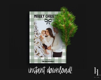 Editable Christmas Photo Card Template, Green Plaid Christmas Card, Green and Black Christmas Card, Modern Christmas Card