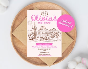 Plantilla de invitación para el primer rodeo, invitación imprimible para el primer cumpleaños de vaquera, invitación editable para el primer cumpleaños