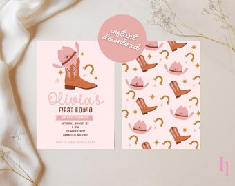 Plantilla de invitación para el primer rodeo, invitación imprimible para el primer cumpleaños de vaquera, invitación editable para el primer cumpleaños