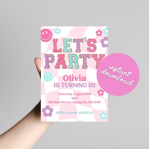 Invitación imprimible para fiesta de cumpleaños preppy, invitación de cumpleaños con letras de parche, invitación de cumpleaños editable para niña, plantilla de Canva para cumpleaños