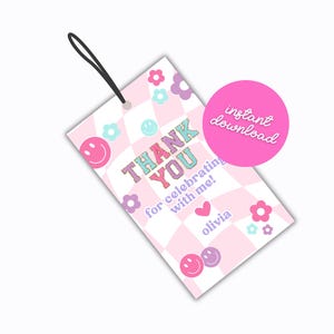 Etiqueta de recuerdo de fiesta de cumpleaños imprimible, etiqueta de agradecimiento con parche de letras, etiqueta de agradecimiento con parche de letras editable