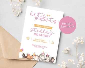 Op de afbeelding: Een roze en gouden printbare uitnodiging voor een 2e verjaardag met de tekst "Let's Pawty" en "Stella's 2nd Birthday". De uitnodiging bevat een rij cartoonkatten met feestmutsen.