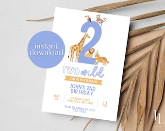 Printable Two Wild Birthday Party Invitation, 2nd Birthday Birthday Invitation, Jungle Birthday Theme