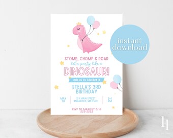 Printable Dinosaur Birthday Party Invitation, Pink Dinosaur Birthday Invitation, Kid Birthday Party Invitation