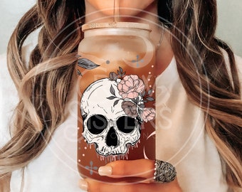 Skully Floral 16-Ounce Frosted Glass Can with Straw - Handcrafted Magic for Sipping in Style <3