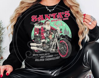 Santa's Midnight Ride Christmas Sweatshirt, Ugly Xmas Shirt, Xmas Party Shirt, Metal Santa Shirt, Motorcycle Santa Shirt