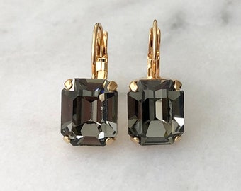 Black Diamond Crystal Drop Earrings, Black Earrings, Gold and Black Crystal Drop Earrings for Women