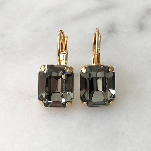 Black Diamond Crystal Drop Earrings, Black Earrings, Gold and Black Crystal Drop Earrings for Women