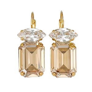 Gold Emerald Cut Cocktail Earrings, Champagne Crystal Drop Rhinestone Earrings for Weddings, Party Earrings, Formal Earrings