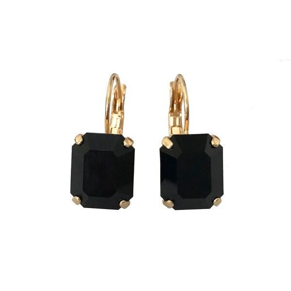 Black and Gold Crystal Drop Earrings, Emerald Cut Black Crystal Earrings, Jet Earrings for Women