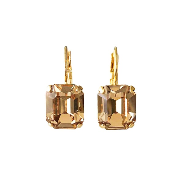 Gold Light Colorado Topaz Emerald Cut Crystal Drop Earrings, Light Brown Topaz Gold Rhinestone Earrings