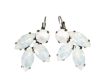 White Crystal Rhinestone Earrings for Brides, White Opal Austrian Crystal Rhinestone Leaf Earrings.