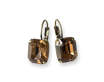 Dark Brown Topaz Crystal Drop Earrings, Smokey Topaz Gold Crystal Drop Earrings, Brown and Gold Earrings, Gift for Mom