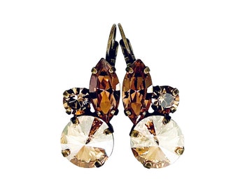 Brown Topaz Crystal Drop Earrings: Antique Brass or Silver