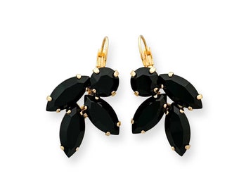 Black and Gold Statement Earrings | Black Crystal Drop Earrings