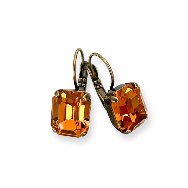 Orange Topaz Emerald Cut Austrian Crystal Earrings, Drop Earrings for Fall, Autumn Earrings, Orange Rhinestone Earrings