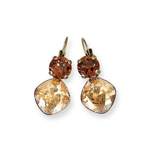 Brown and Yellow Topaz Colored Earrings, Earrings for Fall, Champagne Rhinestone Drop Earrings
