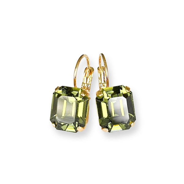 Rare Olivine Green Crystal Drop Earrings, Emerald-cut Peridot Color Crystal Drop Earrings, Green Earrings for Spring