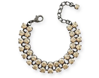 Champagne Crystal Bracelet, Double Row Rhinestone Bracelet, Golden Shadow, Antique Silver or Brass, Crystal Wedding or Event Jewelry
