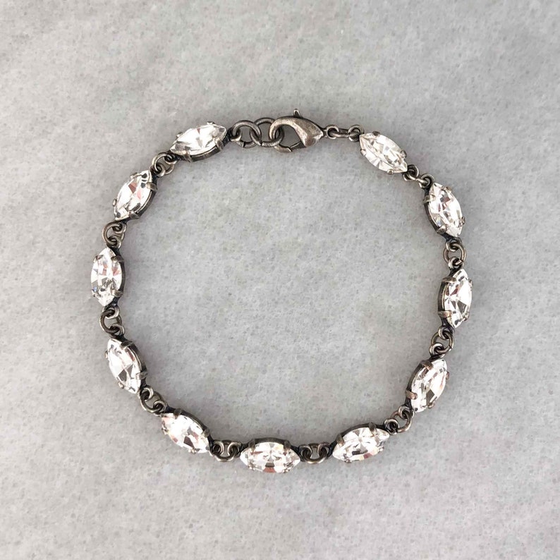 Dainty Vintage Inspired Crystal Bracelet for Wedding and Brides Delicate Marquise Cut Crystal Bracelet antique silver