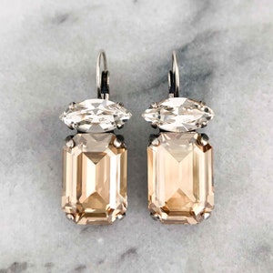champagne color crystal earrings for parties, weddings and brides shown in silver