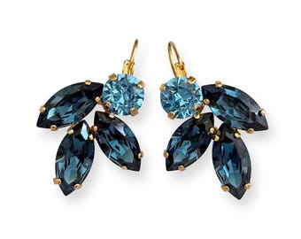 Blue and Gold Earrings | Navy Blue Crystal Earrings | Dark Blue Crystal Drop Earrings | Bridesmaid Jewelry