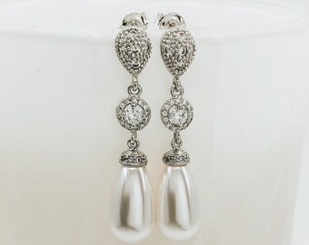 Classic Pearl Drop Earrings Silver, Dangle Pearl Wedding Earrings for Brides