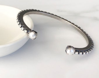 Silver Open Cuff Pearl Bangle Bracelet with White Opal Crystals, Delicate Pearl Cuff Tennis Bracelet
