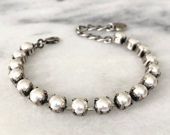 Faux Pearl Bracelet, Faux Pearl Tennis Bracelet, Pearl and Metal Vintage Style Bracelet - Antique Brass or Antique Silver