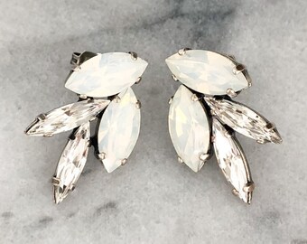 Austrian Crystal Stud Earrings for Brides. Stud Bridal Earrings. White and Clear Crystal Rhinestone Leaf Earrings