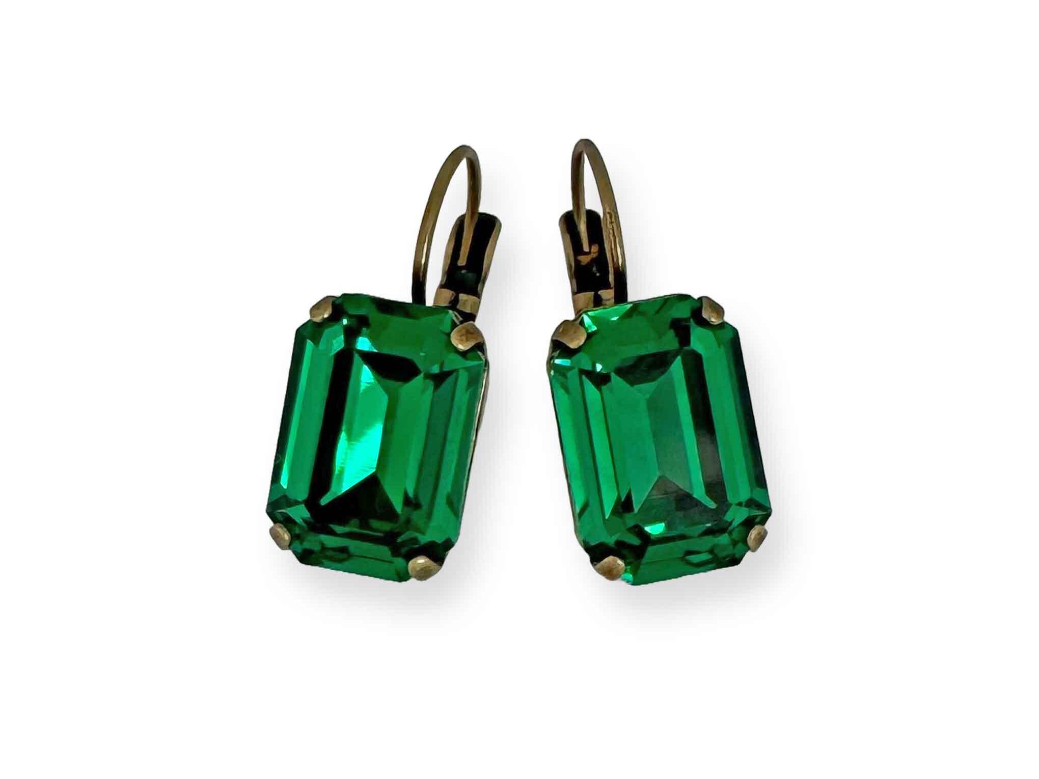 Emerald Green Drop Earrings | Green Crystal Earrings in Gold, Silver, or Brass | Lightweight Vintage Style Leverback Earrings