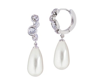 Pearl Hoop Dangle Earrings - Silver or Gold with Cubic Zirconia (CZ), Modern Pearl Drop Bridal Earrings for Wedding