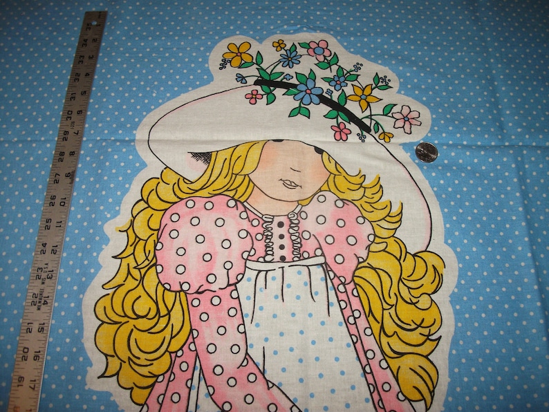 Vintage 1970/'s Cotton Fabric Holly Hobbie VHTF Blue Polka Dots American Greetings Manes Collectible Quilting Sewing 34 X 44 Wall Hanging