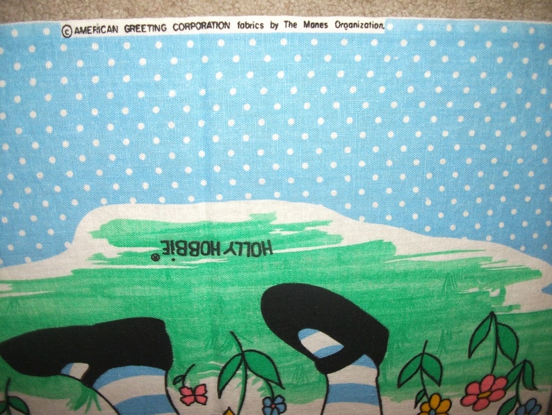 Vintage 1970/'s Cotton Fabric Holly Hobbie VHTF Blue Polka Dots American Greetings Manes Collectible Quilting Sewing 34 X 44 Wall Hanging