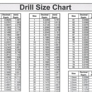 May include: A black and white chart with the title "Drill Size Chart". The chart lists drill bit sizes in inches and millimeters, with corresponding decimal equivalents. The chart is divided into three columns, with the first column listing the drill bit size in inches, the second column listing the decimal equivalent, and the third column listing the millimeter equivalent.
