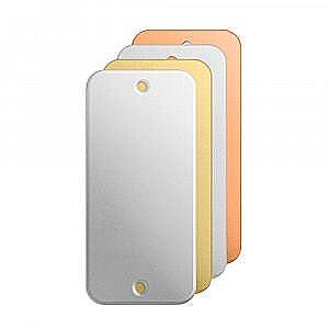 May include: A set of four rectangular metal plates with rounded corners, each featuring two pre-drilled holes at the top and bottom. The plates are finished in varying metallic tones including silver, gold, and copper, stacked in a staggered row.