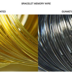 May include: Bracelet memory wire featuring two distinct finishes. The left side displays gold plated wire, while the right side shows gunmetal plated wire. The text BRACELET MEMORY WIRE, GOLD PLATED, and GUNMETAL PLATED is visible.