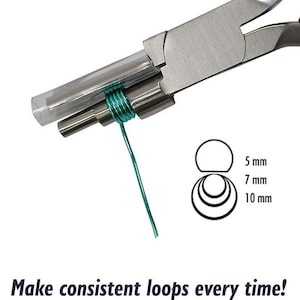 May include: Metal looping pliers with a stepped mandrel, shown wrapping green wire. A diagram indicates three circular sizes of 5 mm, 7 mm, and 10 mm. The text below reads: Make consistent loops every time! The tool features a clear plastic sleeve.