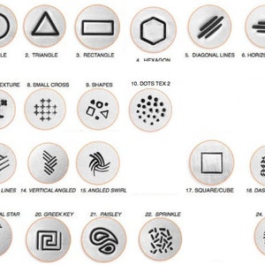 May include: A set of 24 metal stamp designs for crafting and jewelry making. The stamps feature various shapes, lines, and textures, including a circle, triangle, rectangle, hexagon, diagonal lines, horizontal lines, cross texture, small cross, shapes, dots, angled lines, vertical angled, angled swirl, square/cube, dash zig zag, diagonal star, Greek key, paisley, sprinkle, and wood.