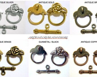 10) ROSE Toggle Clasp sets - Antique Silver, Antique Gold, Antique Bronze, Antique Copper, Gunmetal Black, or Gold Clasps, Toggle Clasps