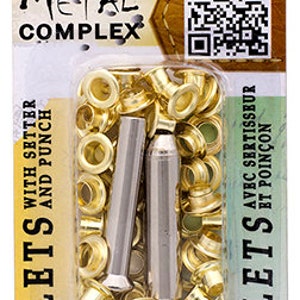 Puede incluir: Un paquete de 36 ojales dorados con una herramienta de ajuste y punz&oacute;n. Los ojales tienen un di&aacute;metro de 3,5 mm. El embalaje tiene el texto "Metal Complex" y "Ojales con ajustador y punz&oacute;n" en &eacute;l.