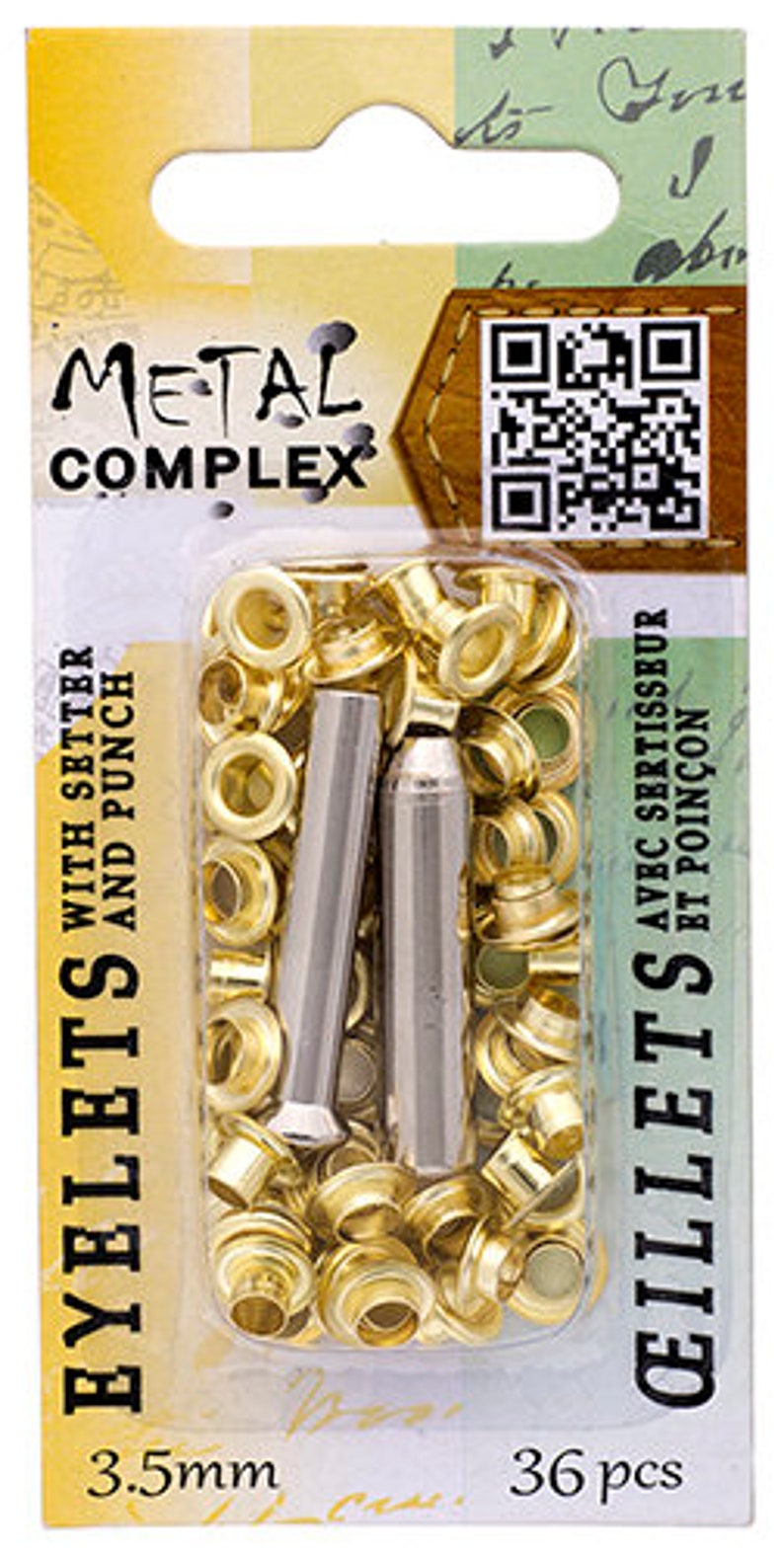 Puede incluir: Un paquete de 36 ojales dorados con una herramienta de ajuste y punz&oacute;n. Los ojales tienen un di&aacute;metro de 3,5 mm. El embalaje tiene el texto "Metal Complex" y "Ojales con ajustador y punz&oacute;n" en &eacute;l.