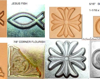 May include: A set of six leather stamping tools, including a Jesus fish, a silver cross, an infinity symbol, and a corner flourish. The tools are made of metal and have a silver finish.