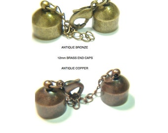 5) 12mm 6 Pc Antique BRONZE or COPPER End Caps, BRASS Findings, Large KUMiHIMO End Cap sets 2 End Caps/ Lobster Clasp/ Extension Chain/rings