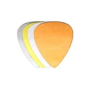 May include: A set of three guitar picks in a teardrop shape. The picks are made of different materials: one is silver, one is yellow, and one is orange.