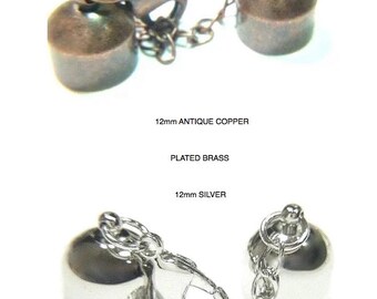 5) 12mm 6 Pc SILVER or Antique COPPER End Caps, BRASS Findings, Large KUMiHIMO End Cap sets 2 End Caps/ Lobster Clasp/ Extension Chain/rings