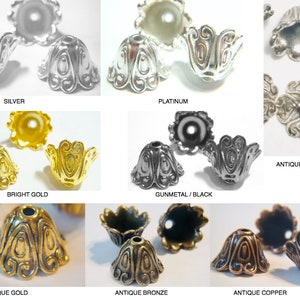 May include: Assortment of metal bead caps in various finishes, including silver, platinum, bright gold, gunmetal, antique silver, antique gold, antique bronze, and antique copper. Each cap features a decorative, ornate design.