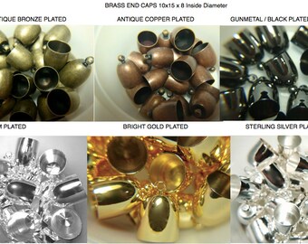 20-50)15x10 approx 8mmID BRASS Bullet End Caps, SILVER, Gold, Platinum, Ant. Bronze, Ant. Copper, Gunmetal Plated for Kumihimo & Tassel caps