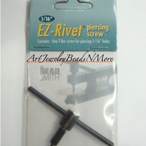 May include: A black metal T-bar screw for piercing 1/16 inch holes. The screw is packaged in a clear plastic bag with a white label that reads "1/16" EZ-Rivet piercing screw. Contains: One T-Bar screw for piercing 1/16" holes. Art Jewelry Beads N More"