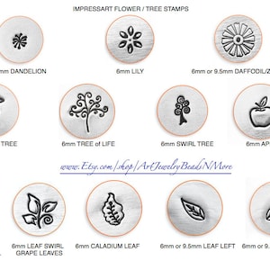 May include: A set of 11 metal stamps for crafting, featuring flower and tree designs. The stamps are 3mm, 6mm, 9.5mm in diameter. The designs include a dandelion, lily, daffodil/zinnia, palm tree, tree of life, swirl tree, apple, maple leaf, leaf swirl, caladium leaf, and leaf left/right.